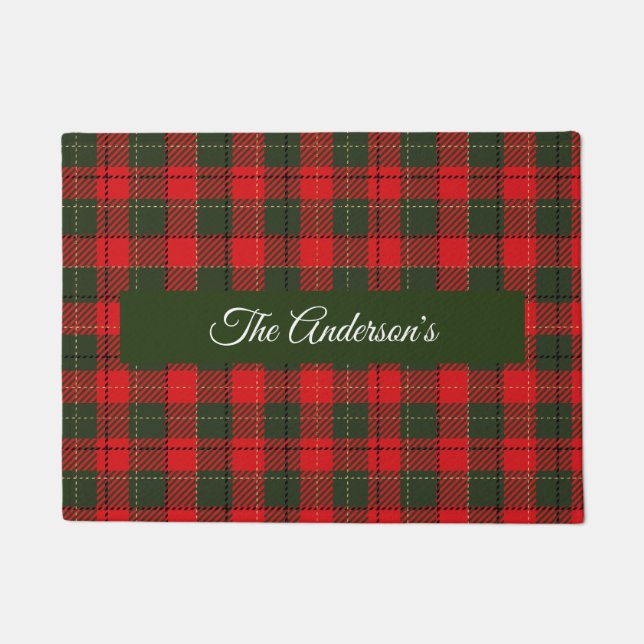 Christmas Plaid with Family Name or Custom Text Doormat (Front)