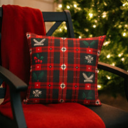 Christmas Plaid with Snowflakes & Evergreen  Cushion