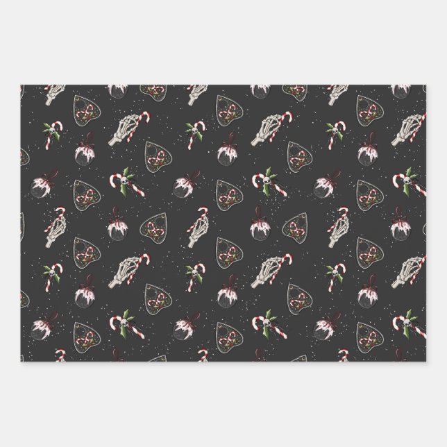 Christmas Planchette & Skeleton Hand Candy Cane Wrapping Paper Sheet (Front)