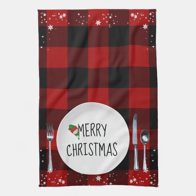 Christmas Plate On Buffalo Plaid Kitchen Towel (Vertical)