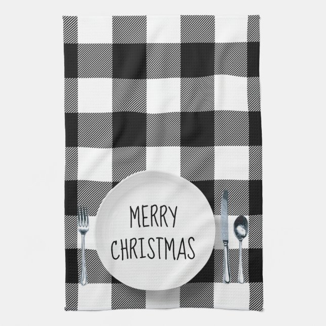 Christmas Plate On Buffalo Plaid Tea Towel (Vertical)