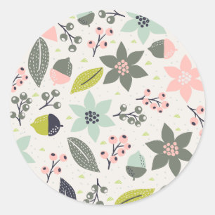 Christmas Poinsettia Acorns Grey Aqua Lime Green Classic Round Sticker