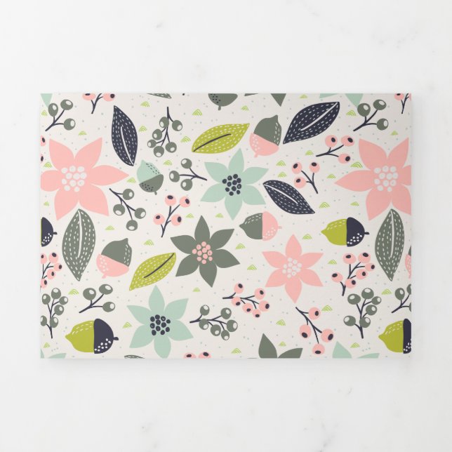 Christmas Poinsettia Acorns Grey Aqua Lime Green Tri-Fold Holiday Card (Cover)