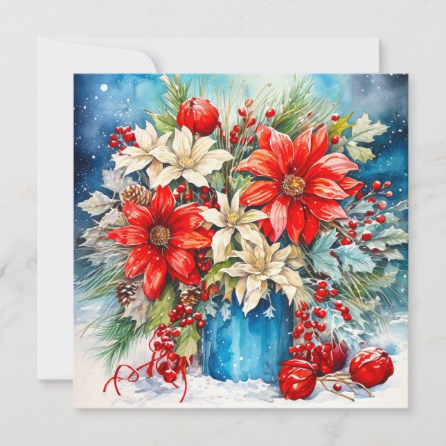 Christmas Poinsettia and Berries Bouquet Holiday Card (Front)