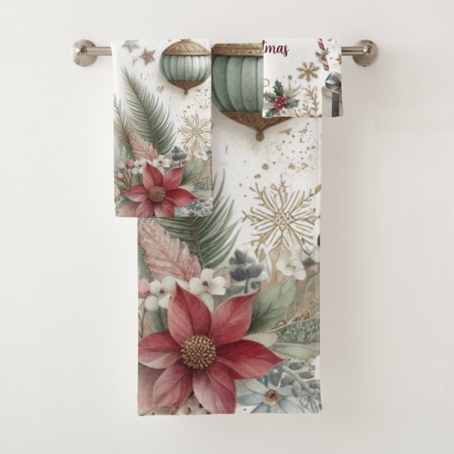 Christmas Poinsettia and Gold Snowflake  Bath Towel Set (Insitu)