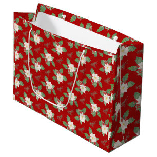Christmas Poinsettia and Holly Berry Red Large Gift Bag