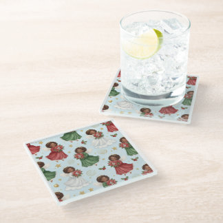 Christmas Poinsettia Angels Glass Coaster