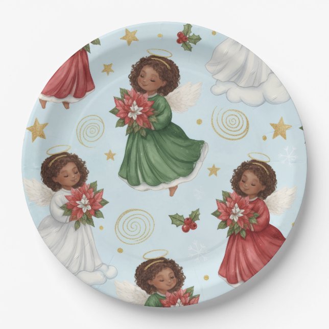 Christmas Poinsettia Angels Paper Plate (Front)