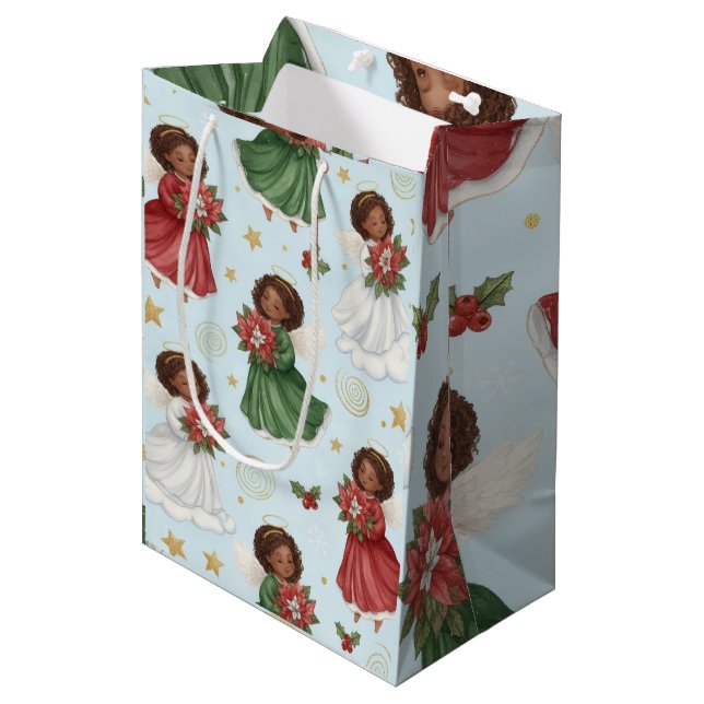 Christmas Poinsettia Angels Wrapping Paper Sheets Medium Gift Bag (Front Angled)
