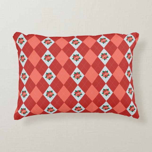 Christmas Poinsettia Argyle Decorative Cushion (Front)