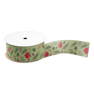 Christmas Poinsettia Berries and Branches Grosgrain Ribbon