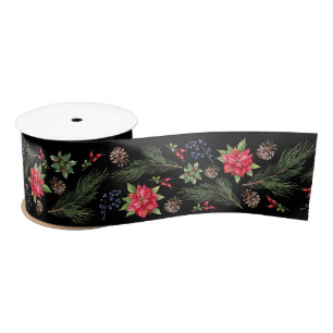 Christmas Poinsettia Berries and Branches Satin Ribbon