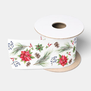 Christmas Poinsettia Berries and Branches Satin Ribbon