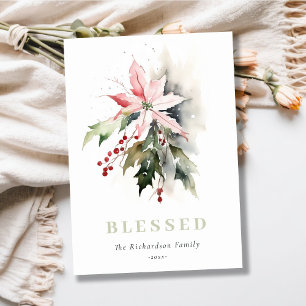 Christmas Poinsettia Berries Foliage Blessed Holiday Card