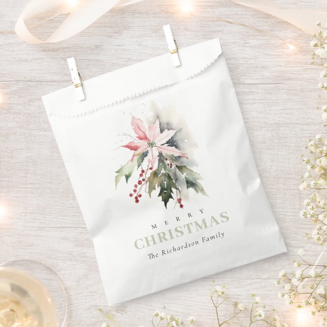 Christmas Poinsettia Berries Foliage Watercolor Favour Bags (Clipped)