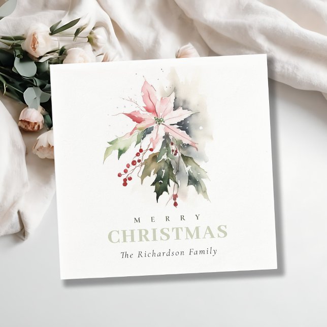 Christmas Poinsettia Berries Foliage Watercolor Napkin (Creator Uploaded)