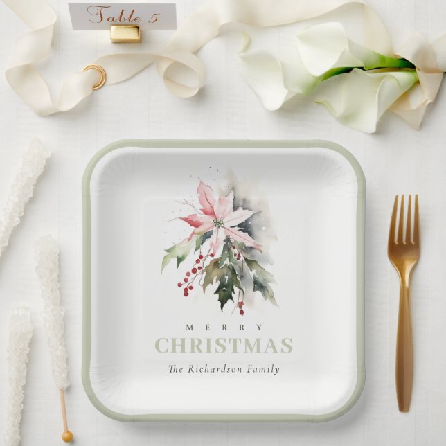 Christmas Poinsettia Berries Foliage Watercolor Paper Plate (Wedding)