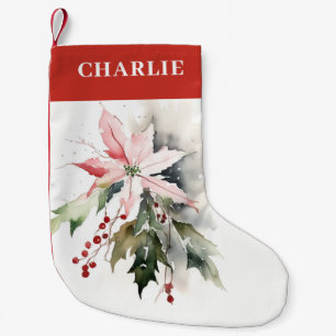 Christmas Poinsettia Berries Foliage Watercolor Small Christmas Stocking