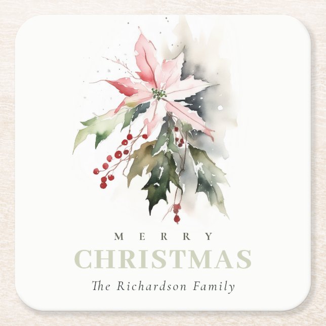 Christmas Poinsettia Berries Foliage Watercolor Square Paper Coaster (Front)