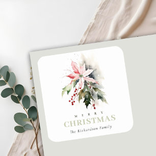 Christmas Poinsettia Berries Foliage Watercolor Square Sticker