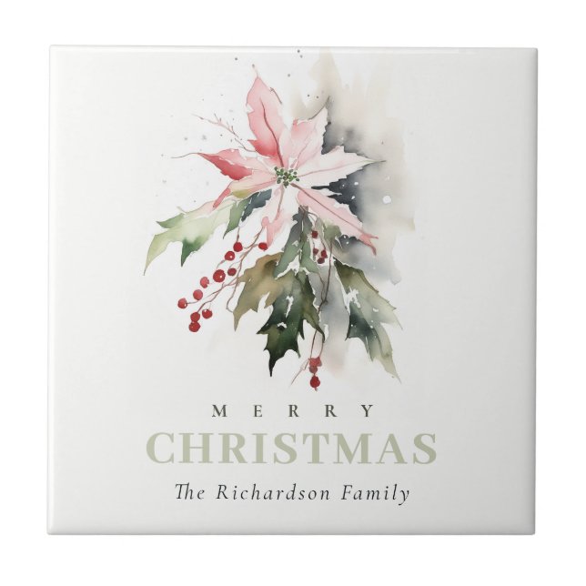 Christmas Poinsettia Berries Foliage Watercolor Tile (Front)