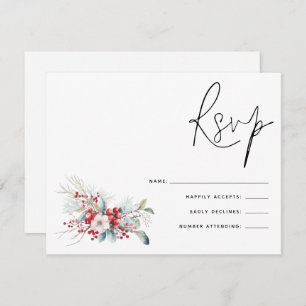Christmas Poinsettia Berries Script Wedding RSVP