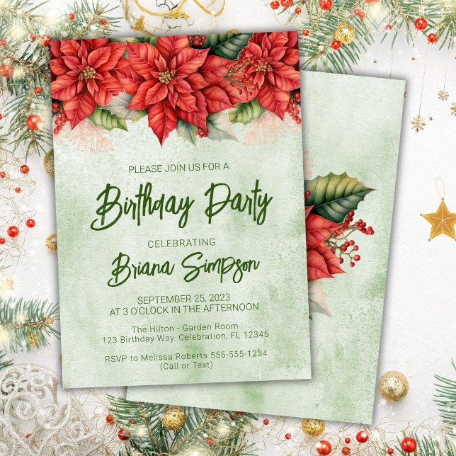 Christmas Poinsettia Birthday Party Invitation (Creator Uploaded)