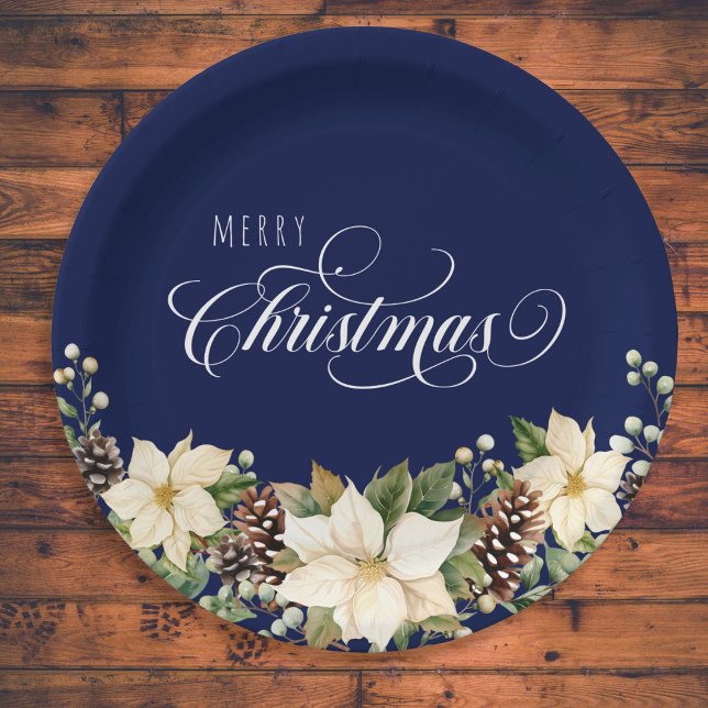  Christmas Poinsettia blue round  Paper Plate (Creator Uploaded)