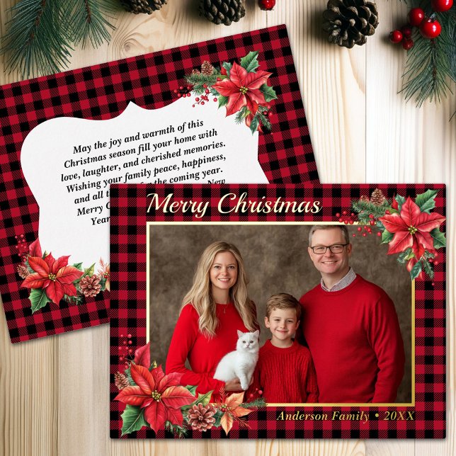 Christmas Poinsettia Buffalo Plaid Family Photo  Foil Holiday Postcard (Christmas Poinsettia Buffalo Plaid Family Photo Foil Holiday Postcard)