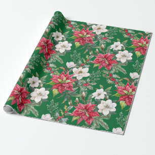 Christmas Poinsettia, Camellia Flowers & Berries  Wrapping Paper