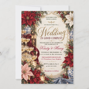 Christmas Poinsettia Champagne Wedding Invitation