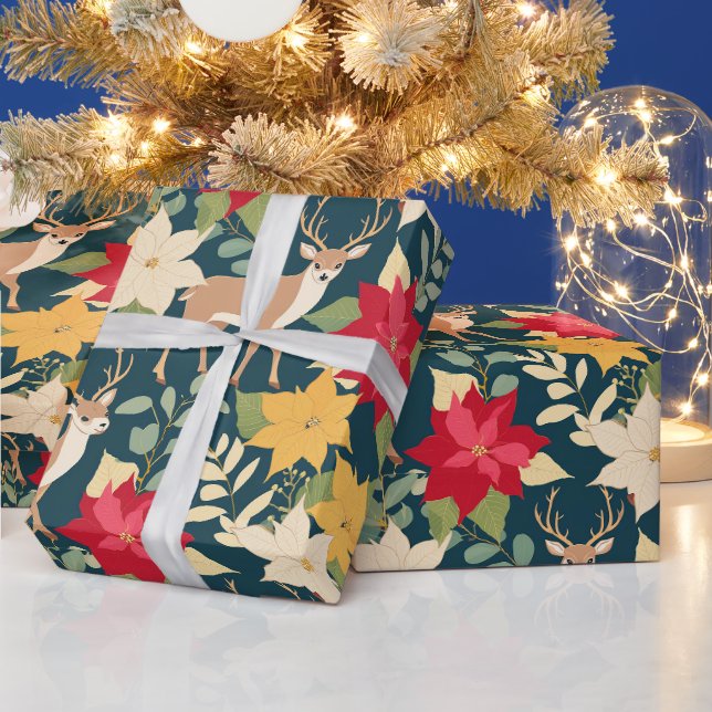 Christmas poinsettia deer pattern  wrapping paper (Holidays)