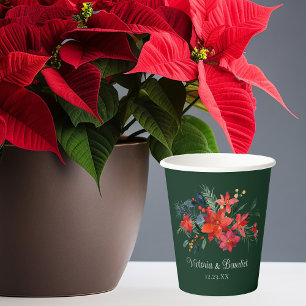 Christmas Poinsettia Elegant Floral Green Wedding Paper Cups