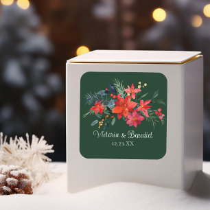 Christmas Poinsettia Elegant Floral Green Wedding Square Sticker