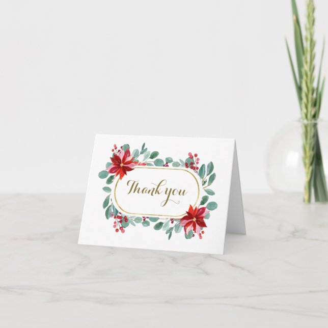 Christmas Poinsettia Eucalyptus Inspirational Thank You Card (Front)