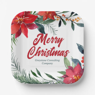 Christmas Poinsettia Floral Company Holiday Party Paper Plate