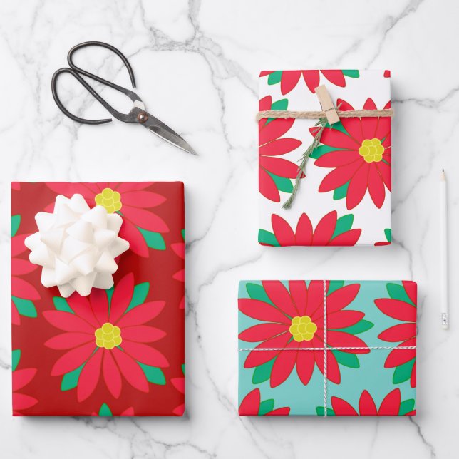 Christmas Poinsettia Floral Festive Print on Red   Wrapping Paper Sheet (Front)