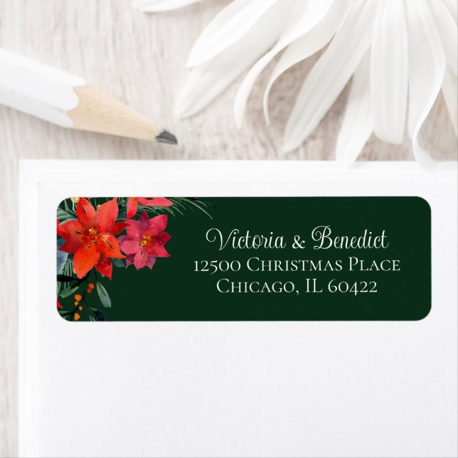Christmas Poinsettia Floral Green Return Address (Insitu)