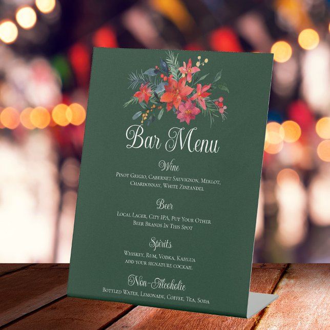 Christmas Poinsettia Floral Green Wedding Bar Menu Pedestal Sign (Creator Uploaded)