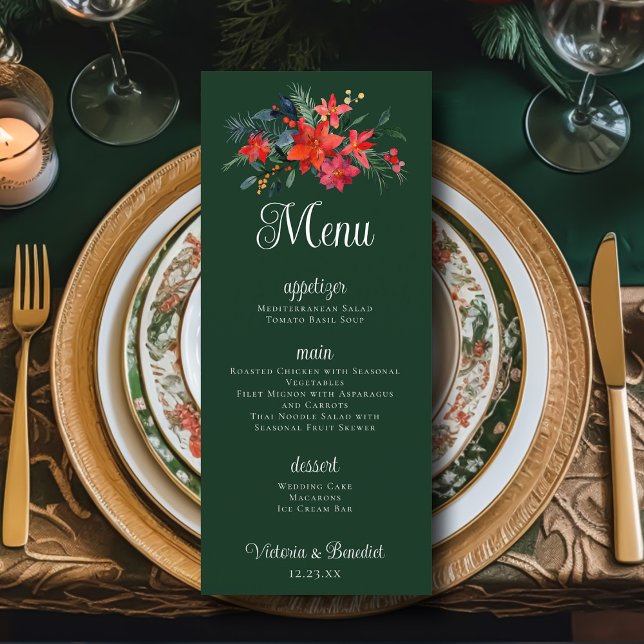 Christmas Poinsettia Floral Green Wedding Dinner Menu (Creator Uploaded)