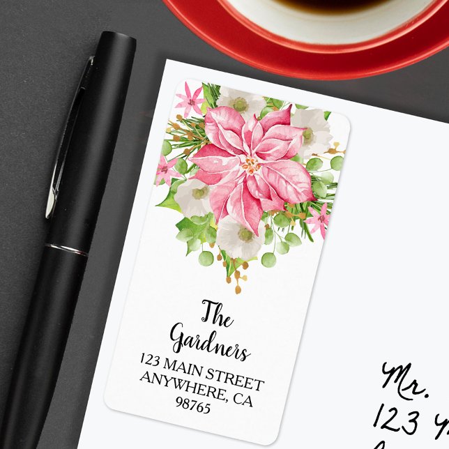 Christmas Poinsettia Floral Holiday Address Label (Christmas Pink Poinsettia Floral Holiday Address Labels)