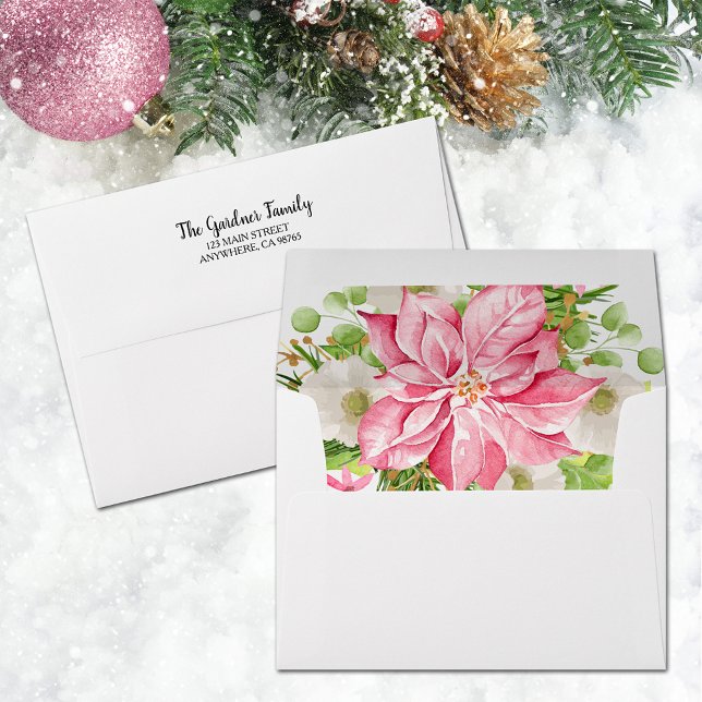 Christmas Poinsettia Floral Holiday Envelope (Christmas Pink Poinsettia Floral Holiday Envelopes with FREE return address on back flap)