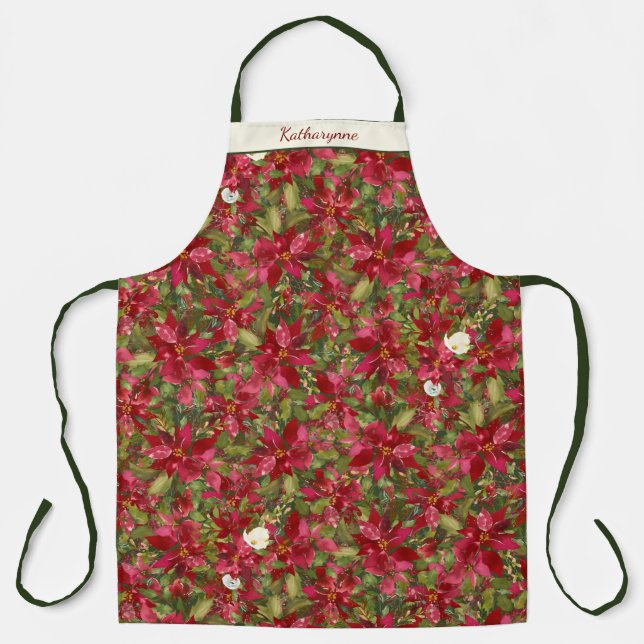 Christmas Poinsettia Floral Pattern Personalised Apron (Front)