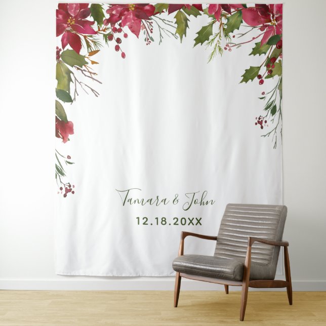 Christmas Poinsettia Floral Photo Booth Background Tapestry (In Situ)