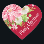 Christmas Poinsettia Floral Red Holiday Heart Sticker<br><div class="desc">A large pink poinsettia,  winter flowers,  pine branches and holly leaves on red,  these heart shaped holiday Christmas stickers are fun for party favours,  envelope seals,  gift wrapping,  baked goods,  candy and treats labels. MATCHING items in our store.</div>