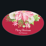 Christmas Poinsettia Floral Red Holiday Oval Sticker<br><div class="desc">A large pink poinsettia,  winter flowers,  pine branches and holly leaves on red,  these oval holiday Christmas stickers are fun for party favours,  envelope seals,  gift wrapping,  baked goods,  candy and treats labels. MATCHING items in our store.</div>