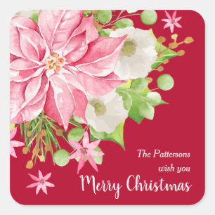 Christmas Poinsettia Floral Red Holiday Square Sticker