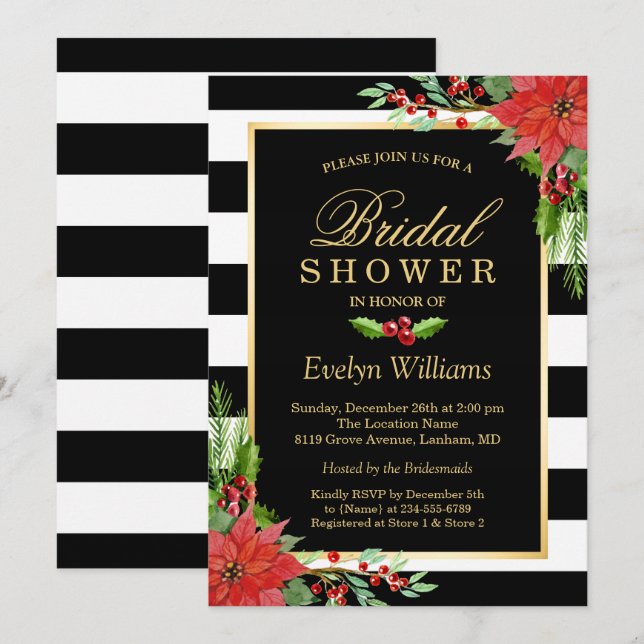 Christmas Poinsettia Floral Striped Bridal Shower Invitation (Front/Back)