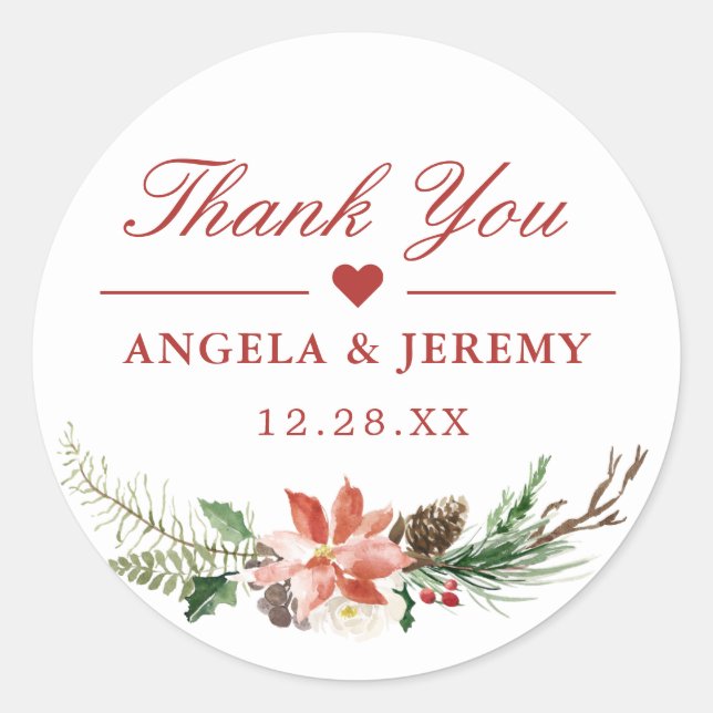 Christmas Poinsettia Floral Thank You Favour Classic Round Sticker (Front)