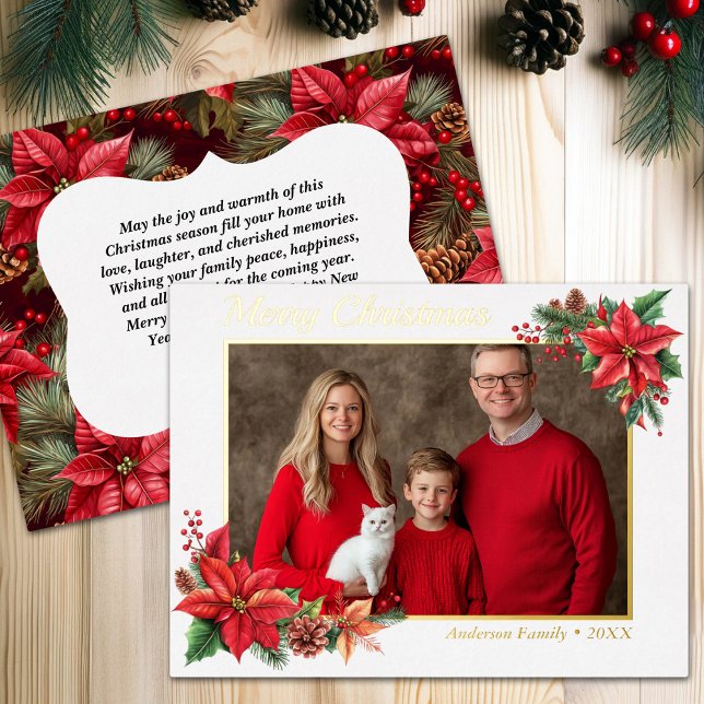 Christmas Poinsettia Flower Family Photo  Foil Holiday Postcard (Christmas Poinsettia Flower Family Photo Foil Holiday Postcard)